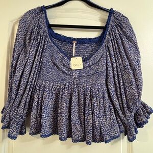 NWT Free People Blue Floral Smocked Blouse MSRP $98 oversized fit.